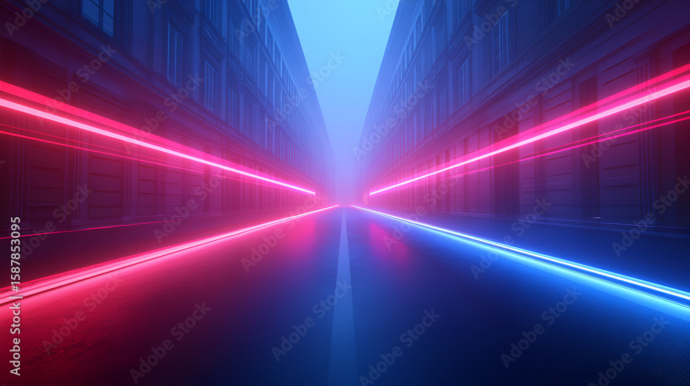 Poster abstract perspective view of a corridor with converging red and blue neon lights creating a futurist