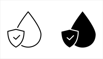 Waterproof icon set. Collection of water resistant signs, liquid proof protection. Shield with water drop. Anti wetting material, hydrophobic fabric, surface protection,  vector illustration on white 