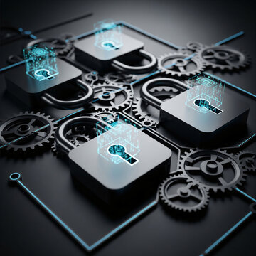 Cybersecurity Concept with Digital Padlocks, Gears, and Circuit Lines Representing Data Protection and Network Security