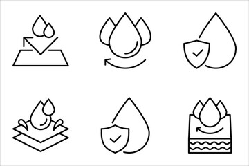 Waterproof icon set. Collection of water resistant signs, liquid proof protection. Shield with water drop. Anti wetting material, hydrophobic fabric, surface protection,  vector illustration on white 