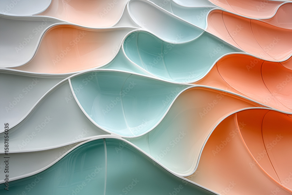 Poster abstract close-up of a textured wall with repeating wave-like patterns in peach, teal, and white, cr