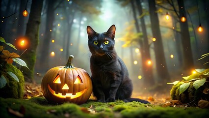 A black cat sits beside a glowing jackolantern in a spooky forest