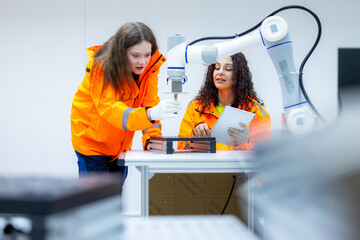 Naklejka na ściany i meble Female industrial engineer study inspection control robot arm machine in robotics engineering, Robotic learn operating, programming, troubleshooting quality control demonstrations of robotic arms. AI