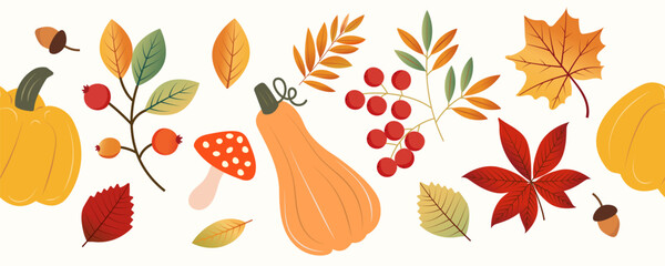 Seamless pattern of autumn forest elements.  Ribbon, border. Leaves and pumpkins. The background is on the theme of the Autumn Festival. Vector illustration