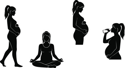Vector art of silhouettes of a pregnant woman in various poses, including standing, meditating, and drinking water.
