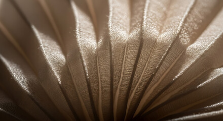 A close-up abstract view of textured, pleated fabric with light and shadow creating a dynamic pattern.