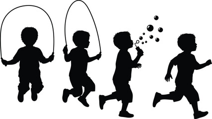Vector art of silhouettes of children playing, jumping rope, blowing bubbles, and running.