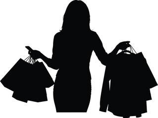 Vector art of a silhouette of a woman holding shopping bags showcases the essence of retail therapy and consumerism, isolated on white background