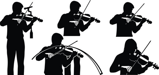 Vector art of a series of violinists in silhouette demonstrate various playing positions, showcasing the art of music.