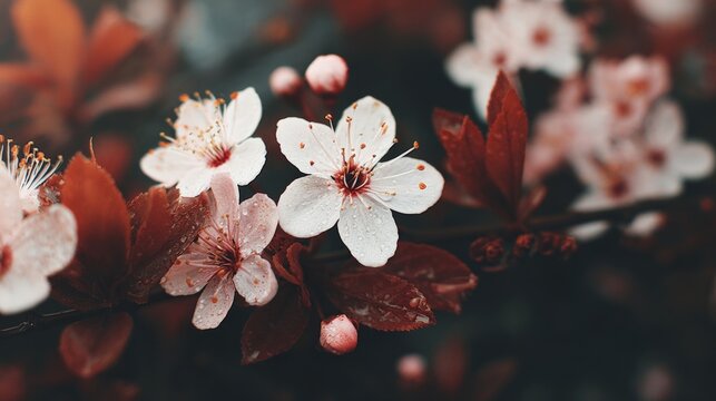 Close-up of delicate white cherry blossoms with water droplets, surrounded by rich red leaves, creating a serene and vibrant springtime scene. - Powered by Adobe
