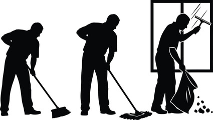 Vector art of a cleaning crew in silhouette performs various tasks, including sweeping, mopping, and window cleaning.