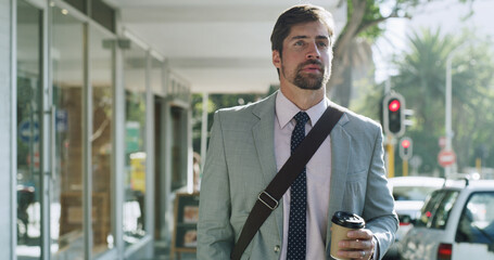 City, walking and business man with coffee on morning commute for work, job and finance...