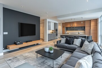 Fototapeta premium Interior design of a modern living room with a turquoise sofa and multicolored cushions, complemented by a stucco wall with wooden decor. Home design, Generative AI