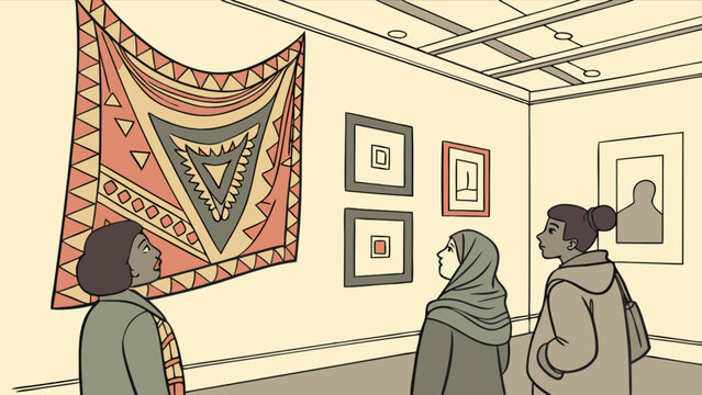 Art museum visit with women admiring geometric tapestry and framed art exhibit display for cultural enrichment