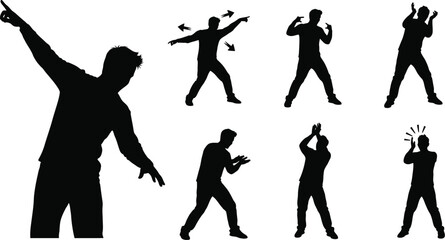 Vector art of a collection of silhouette poses of a man dancing and gesturing.