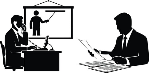 Vector art of two businessman silhouettes working in an office setting.