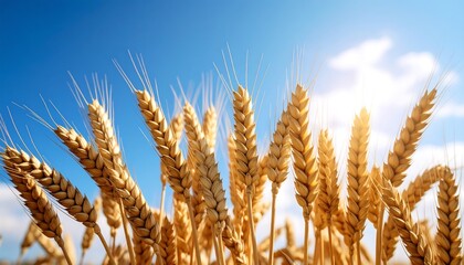 Fototapeta premium Golden wheat field under a bright blue sky
