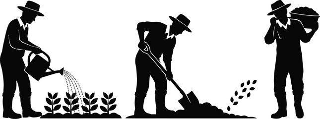 Vector art of silhouettes of gardeners working in the garden.