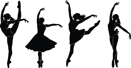 Vector art of four ballerina silhouettes are captured in various graceful poses.