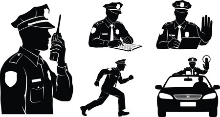 Vector art of silhouettes of police officers in various poses 