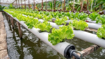 Lush green lettuce grows in a hydroponic system inside a greenhouse, showcasing sustainable agriculture and innovative farming techniques.