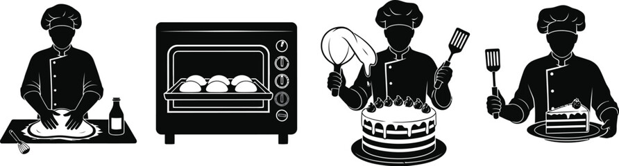 Vector art of a chef is preparing pizza, baking bread in the oven, and decorating a cake.