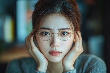 Young adult Asian woman has tired eyes after overworking, looking at the screen too much, Generative AI