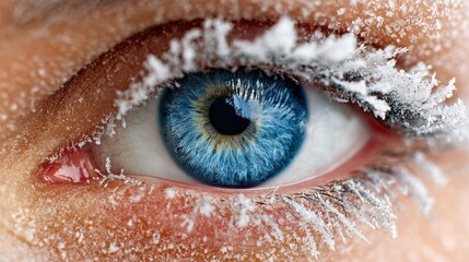 Close-up of a blue eye with frost-covered eyelashes, capturing the intricate details of ice crystals and vibrant iris.