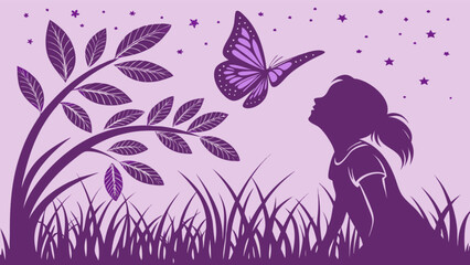 Girl watching butterfly in nature scene vector illustration, purple silhouette art design for print and web use