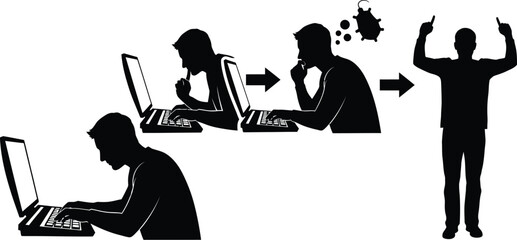Vector art of a person is using a computer, encountering a problem, and finding a solution.