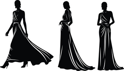 Vector art of elegant woman silhouettes in long dresses 
