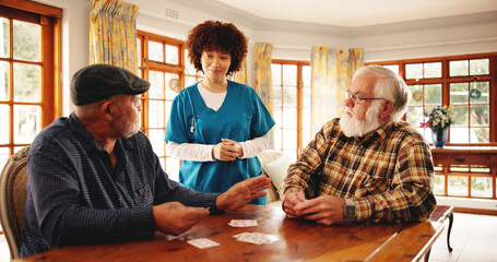Senior men, talk and nurse for playing cards of contest, friendly competition and hobby. Caregiver,...