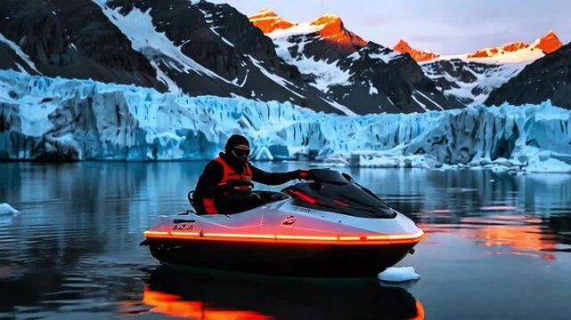 A person riding a jet ski on a body of water, surrounded by a striking landscape with ice formations and a glowing, fiery sky in the background.