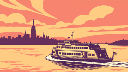 New york city skyline ferry boat ride at sunset vector illustration travel tourism and transportation scene