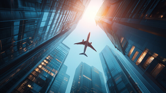 Airplane flying over glass skyscrapers of financial district - Abstract cityscape background - Powered by Adobe