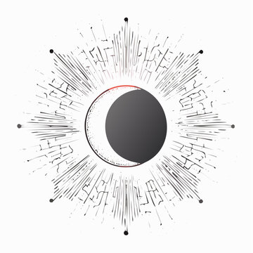 Solar eclipse with moon over sun, central glow and light rays illustrated in clean vector layout.