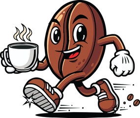 A cheerful coffee bean character, personified, runs while carrying a steaming cup of coffee.