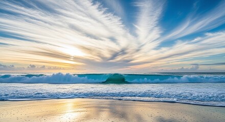 A powerful turquoise wave barrels towards the shore under a dramatic sky filled with wispy clouds and the warm glow of sunset reflecting on the wet sand