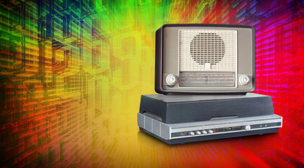 front brown and cream radio on black radio on blur numbers stack of various sizes and speed laser on a multi-colored background, maths, business, copy space