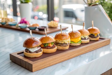 A vibrant display of gourmet mini burgers on a wooden platter in a modern dining setting