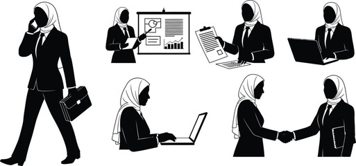 Vector art of a collection of silhouette illustrations showcases a businesswoman in various professional settings.