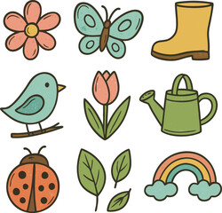 Cute Hand-Drawn Spring and Garden Elements Doodle Collection
