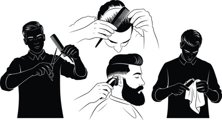 Vector art of a collection of vector illustrations depicting a barber giving a haircut, styling hair with a comb, and grooming a beard with clippers.