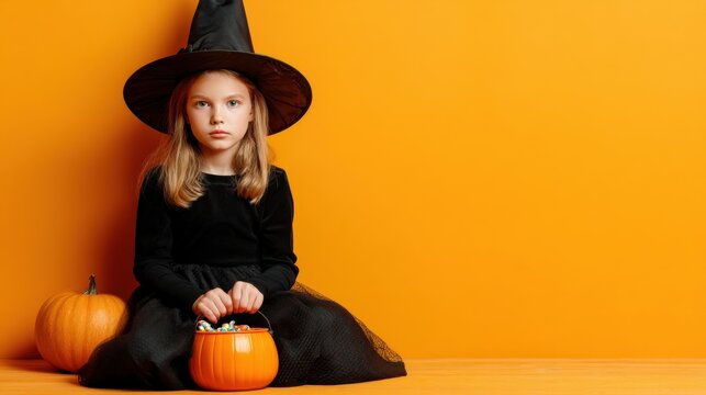 A young girl in a witch costume sits with a pumpkin candy bucket, set against a bright orange background, embodying Halloween spirit.