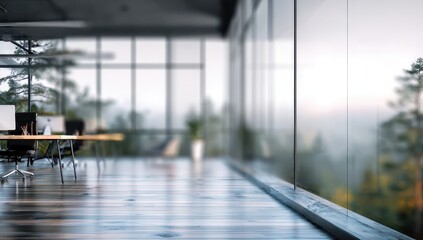 Modern office with large windows overlooking misty forest