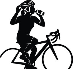 Vector art of a silhouette illustration of a female cyclist drinking from a water bottle while riding a bicycle.