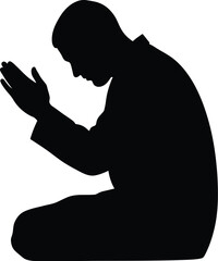 Vector art of a silhouette of a muslim man kneeling in prayer, representing islamic worship and spirituality.