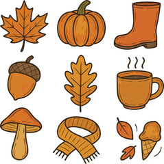 Cozy Autumn Elements Collection Hand-Drawn Doodle Style