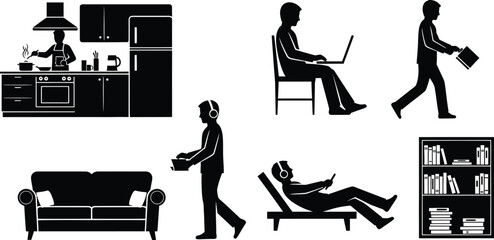 Vector art of a collection of silhouette illustrations depicting various home activities, including cooking, reading, working on a laptop, and relaxing on a sofa.