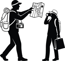 Vector art of a tourist couple is exploring a map and taking photos.